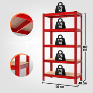 HEAVY nagy teherbírású polc, max. 875kg, 180×90×40cm, piros