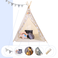 JULIUS gyerek teepee sátor, 120x120x160cm, fehér/szürke