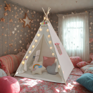JULIA gyerek teepee sátor, 160x120x120cm, bézs/rózsaszín