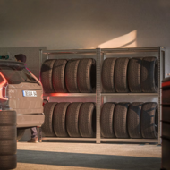 TYRE abroncstároló polc, 120x40x180cm, max 795kg, acél/világosbarna