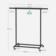 INEZ ruhatartó állvány kerekekkel, max. 90kg, 83,5x45x160cm, fekete