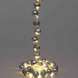 LED-es karácsonyi lánc ezüst gömbös, meleg fehér, 2 m
