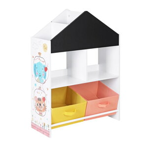Gyerekpolc, állvány deszkával, dobozokkal és polcokkal, többfunkciós fehér, fekete, narancssárga és sárga színben