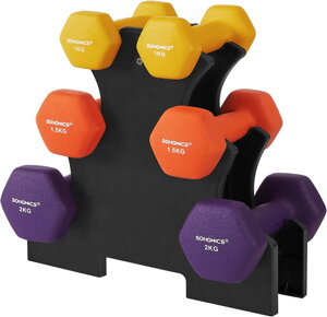 Hatszögletű kézi súlyzókészlet állvánnyal, 2 x 1 kg, 2 x 1,5 kg, 2 x 2 kg, kézi súlyzók neoprén matt felülettel