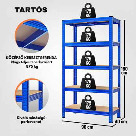 HEAVY nagy teherbírású polc, max 875kg, 90x40x180cm, kék