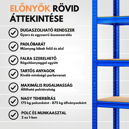 HEAVY nagy teherbírású polc, max 875kg, 90x40x180cm, kék