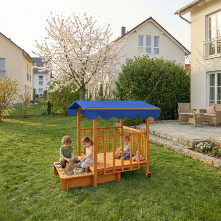 HAPPY verandás homokozó, 130x130x143cm, barna/kék