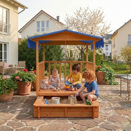 HAPPY verandás homokozó, 130x130x143cm, barna/kék