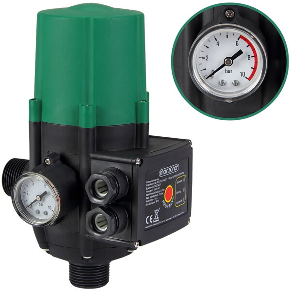 PUMP nyomáskapcsoló kábel nélkül, 10bar, manométerrel, zöld
