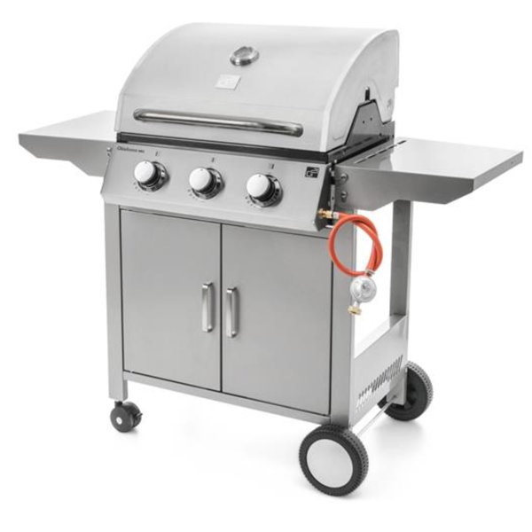 OKLAHOMA BBQ gázgrill, 3 égővel, nyomáscsökkentő szeleppel, ezüst