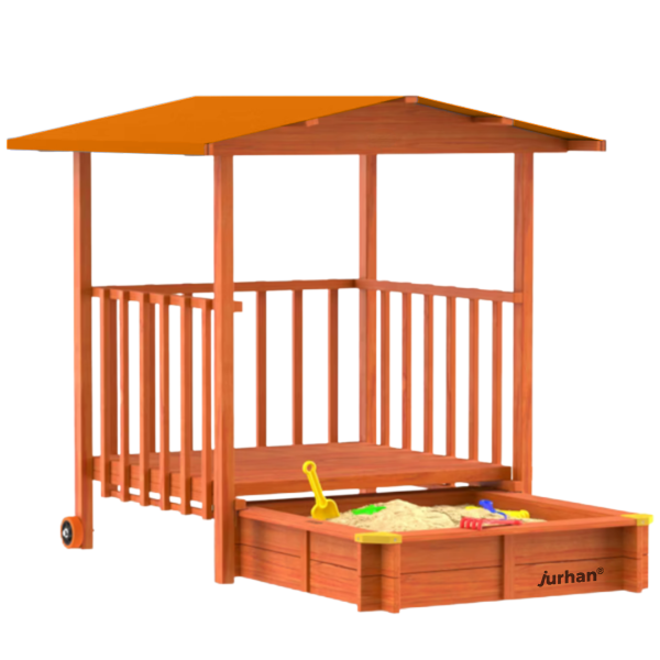 SUNNY verandás homokozó, 130x130x143cm, barna/narancssárga