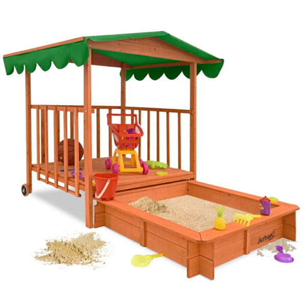 HAPPY verandás homokozó, 130x130x143cm, barna/zöld