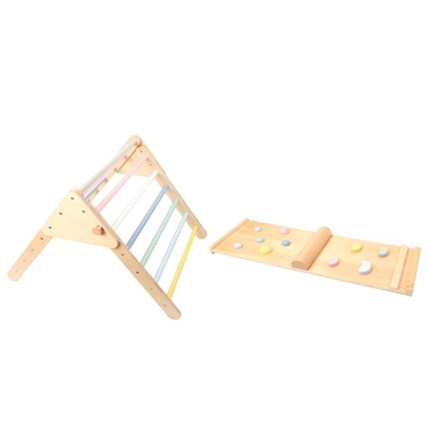 MONTY fa Pikler-háromszög, 59 cm, Montessori deszkával, többszínű