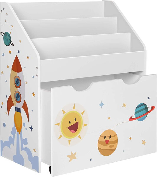AZ UNIVERZUM játék- és könyvespolc, 62,5x29,5x70cm, fehér matricákkal