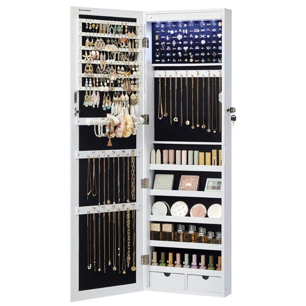JEWELIA fali ékszertartó tükörrel és LED világítással, 10x37x120 cm, fehér